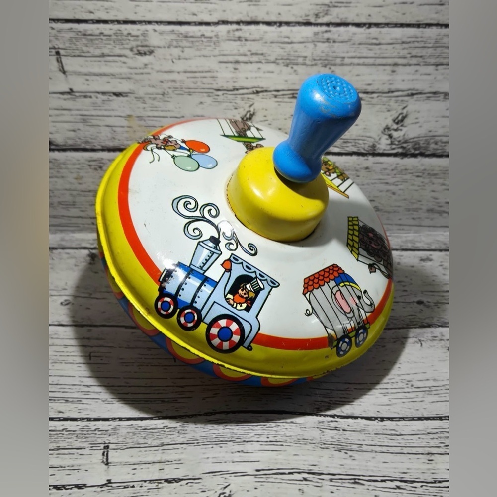 Vintage Ohio Art Tin Toy Spinner - Blue Handle Circus Design Metal Spinning Top
